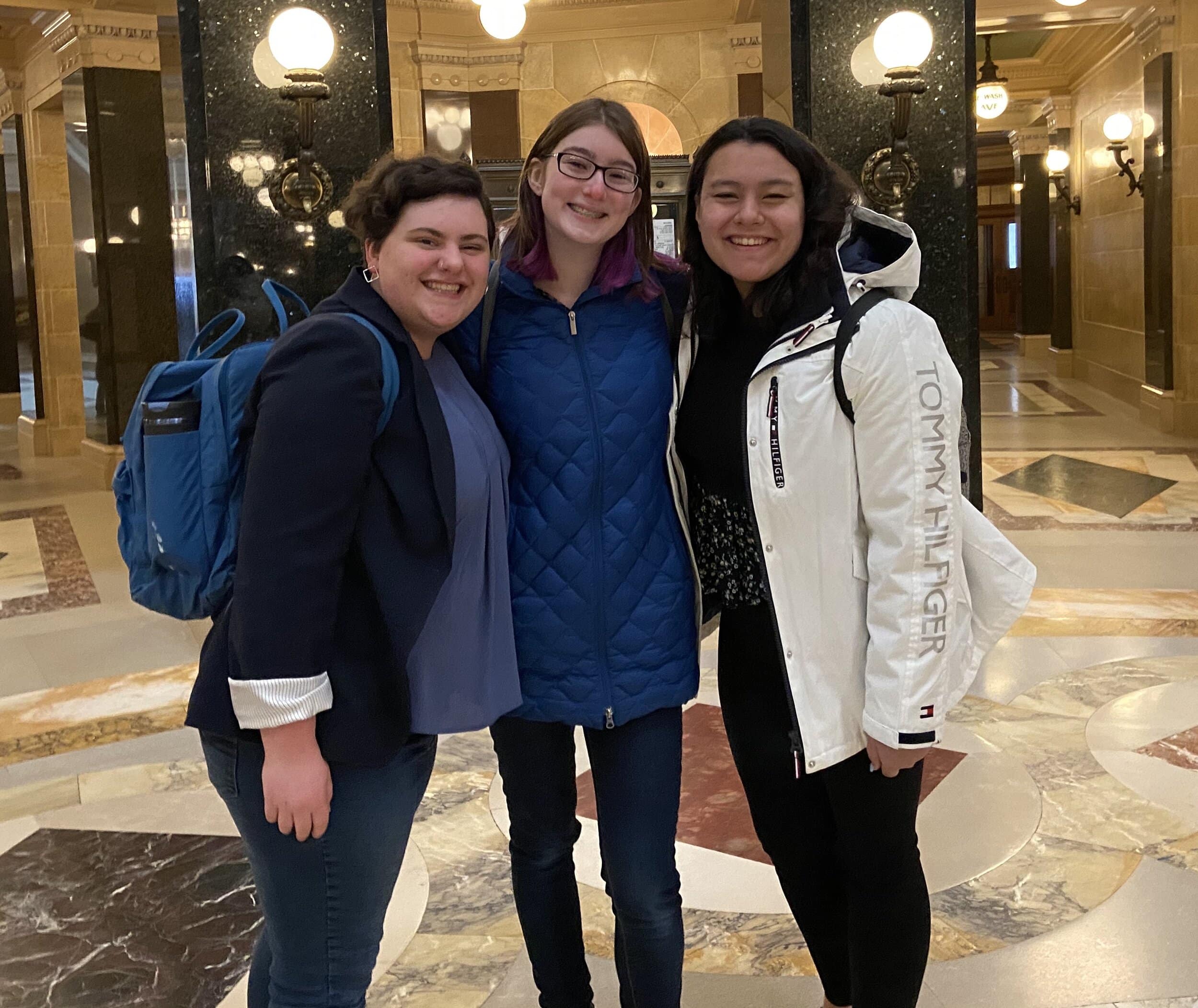 Maggie Di Sanza, Amira Pierotti, and Melanie Golden of Memorial High School's Gender Equity Association recently lobbied in the Wisconsin State Capitol for gender equity and representation in Wisconsin politics.