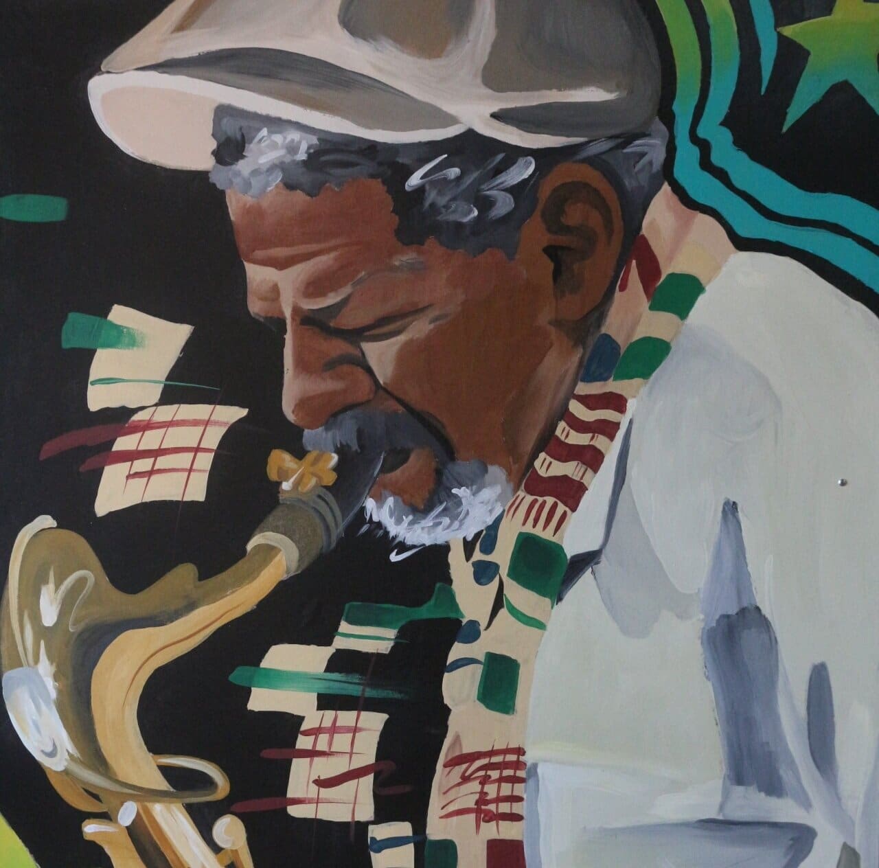 In a detail from Lincoln Rust’s portrait of Hanah Jon Taylor, the saxophone player leans into his instrument, his eyes closed in concentration and his fingers appearing to warp and blur as they work the saxophone’s keys. Patches of color streak acro…