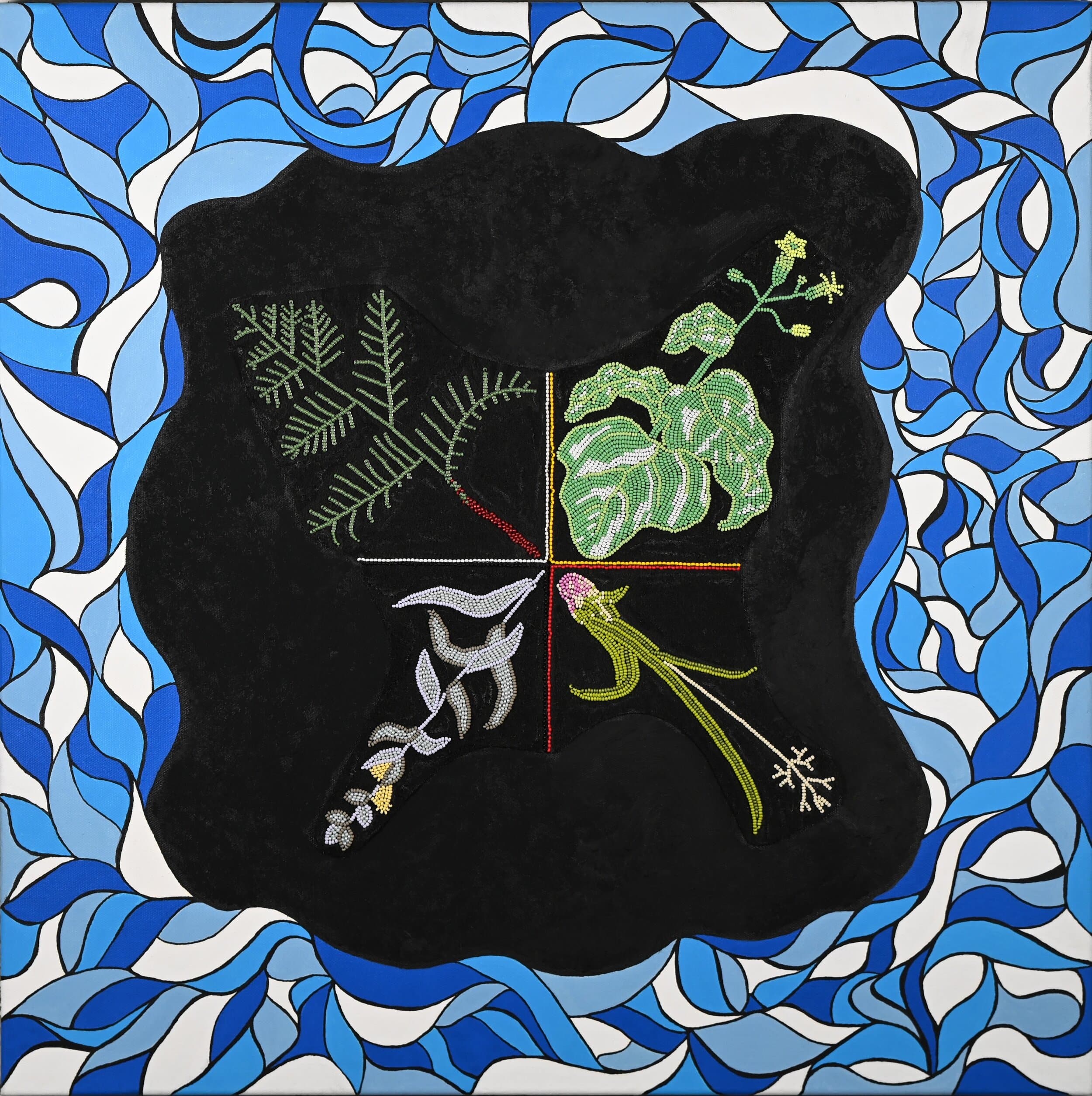 nibi mashkiki 'water is medicine.' Glass beads, felts, acrylic on canvas.