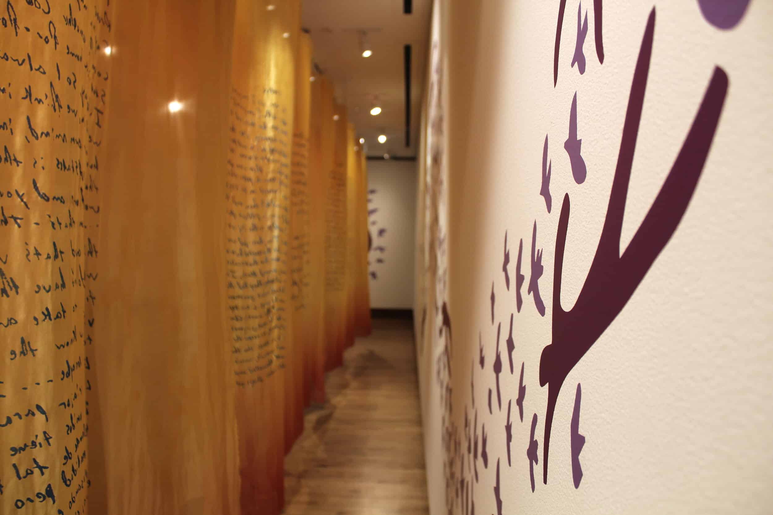 This silk organza invites you to get closer and read the migrants’ stories.