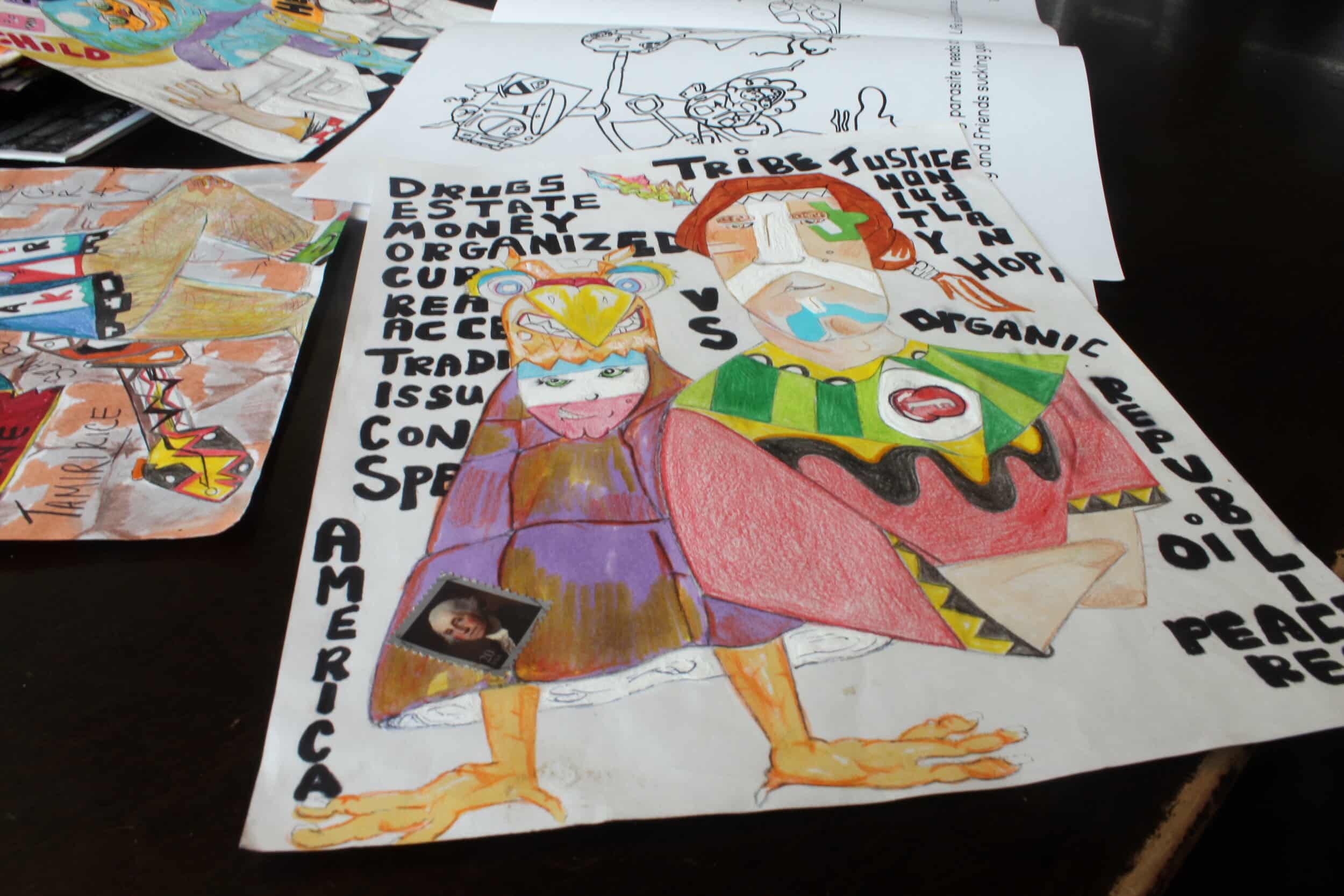 Michael Ward’s art is composed of lines, bright colors, funny characters, and strong messages rendered in pen and colored pencil.