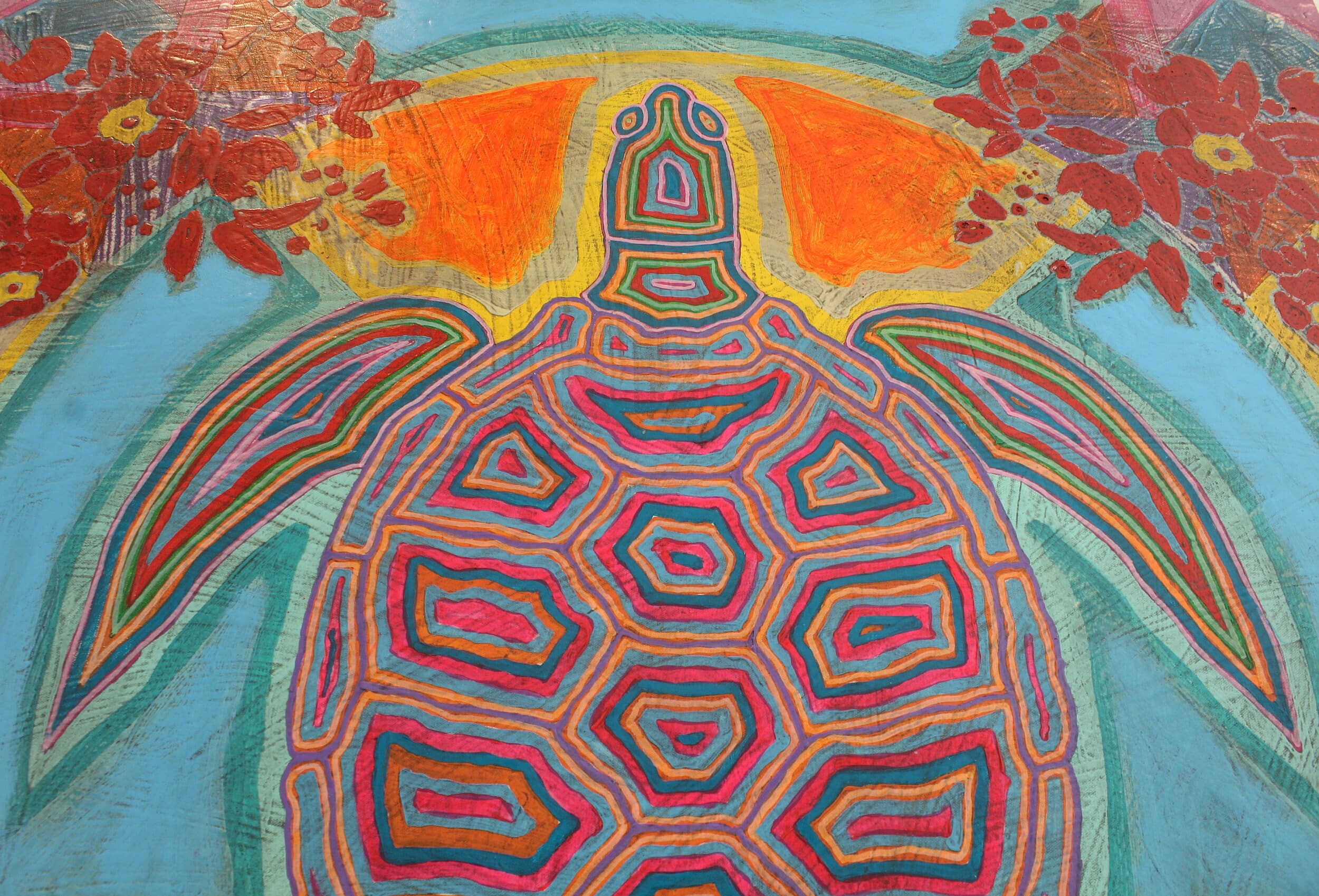 The lines in this painting of a turtle are directly inspired by Guatemalan huipiles.