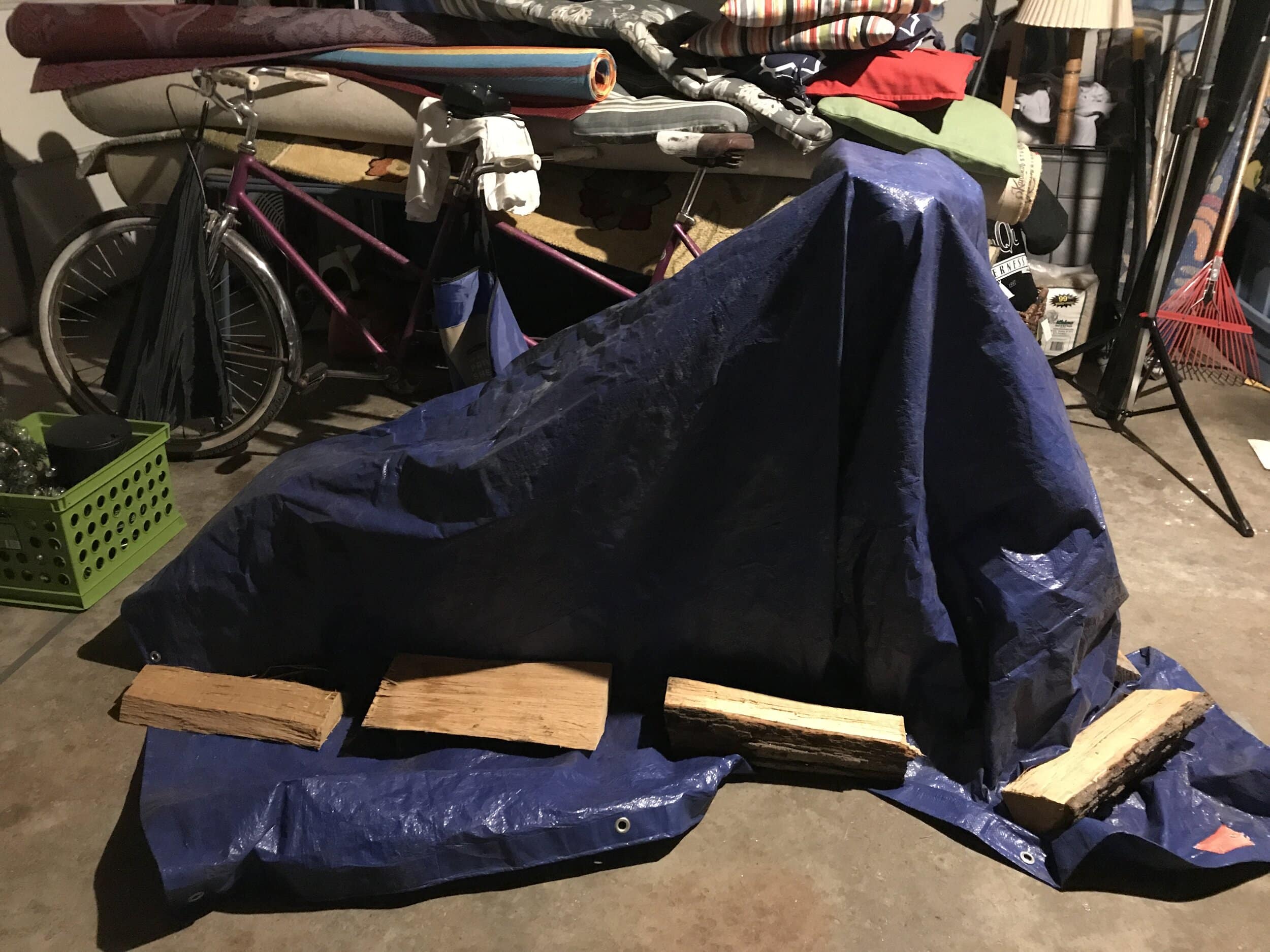 The tent built inside of Moore's garage to attempt both baking powder and vinegar treatments as a cure to the recently purchased amp's odor.