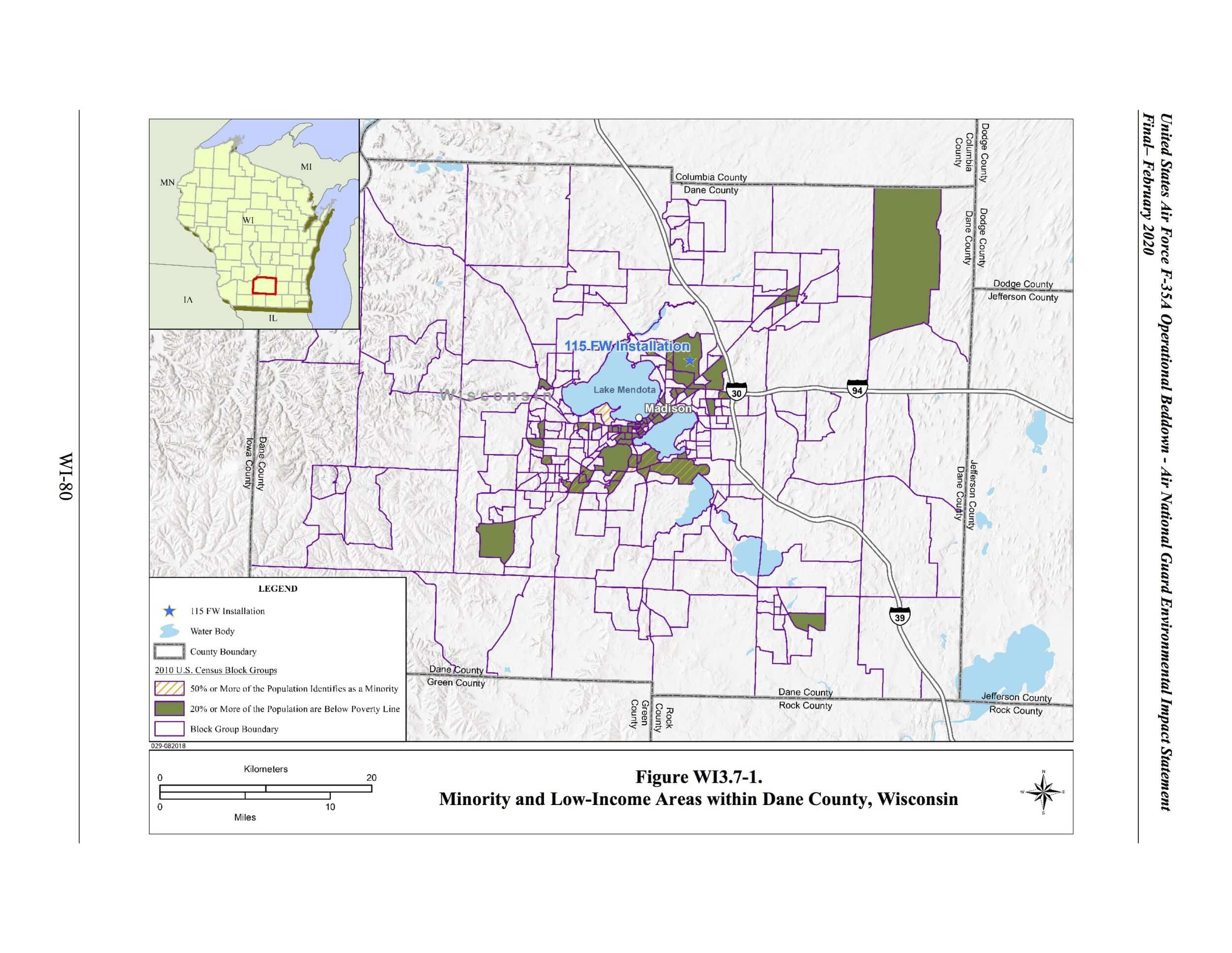 A military analysis shows the prevalence of low-income households and people of color near Truax Field.
