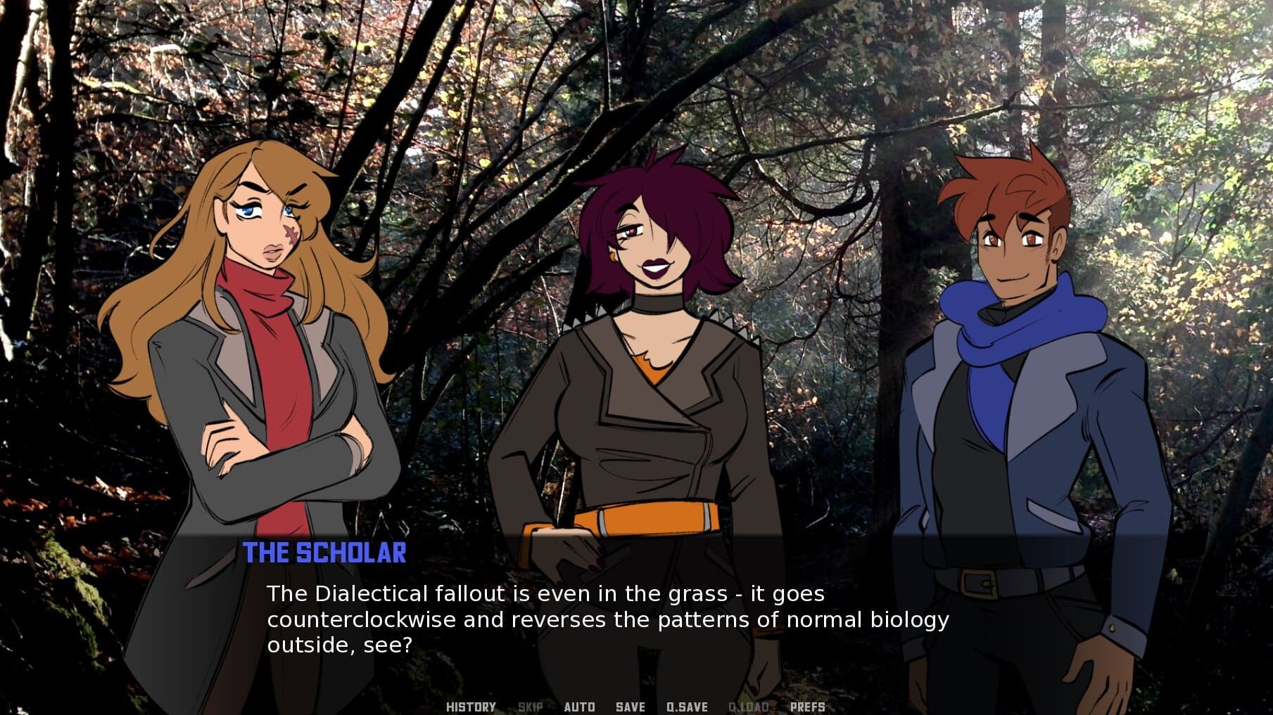 A screen from the first act of Ascension: Transition And Silver after The Escort (center) has led The Doctor (left) and The Scholar (right) into “The Zone.”