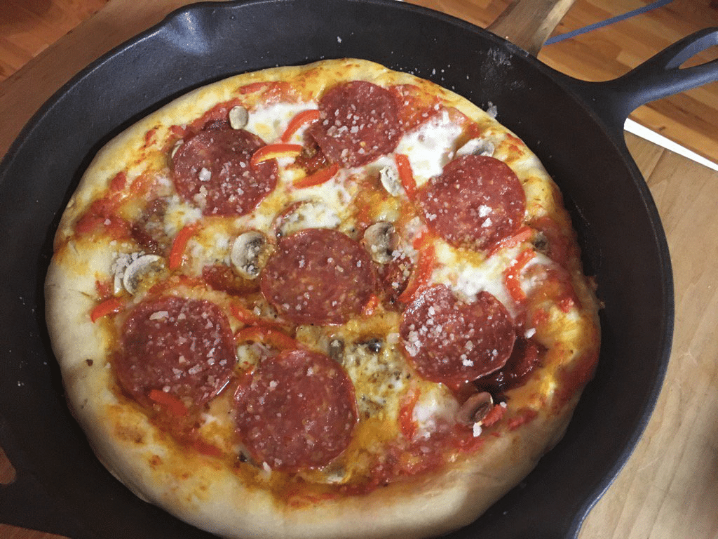 Pepperoni and mushroom pizza in a cast-iron pan at the Rock River Cooking Club. Photo by Adam Powell.