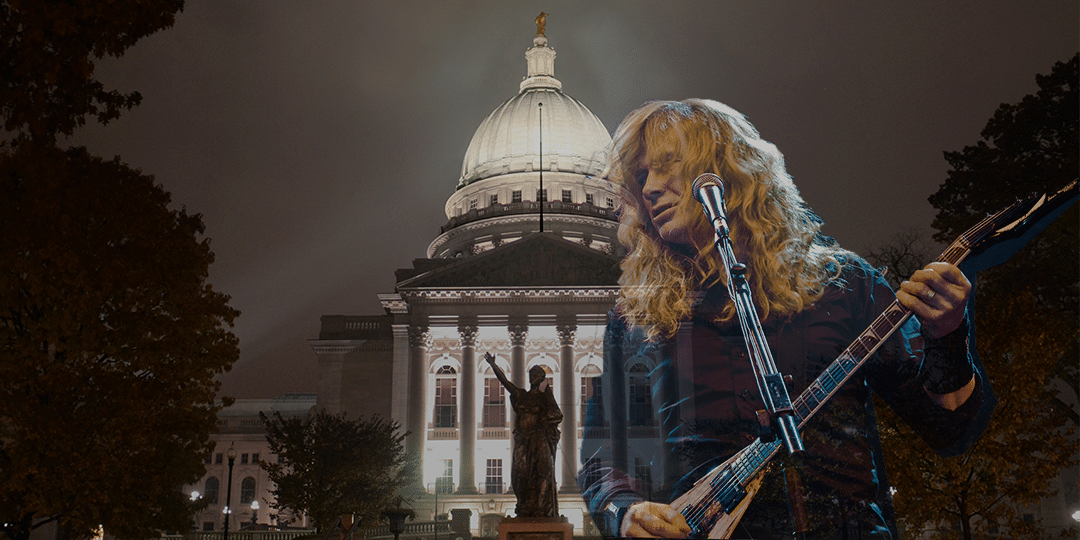 Wisconsin State Capitol photo via Richard Hurd on Flickr (CC-BY)/Dave Mustaine photo via Wikimedia Commons.