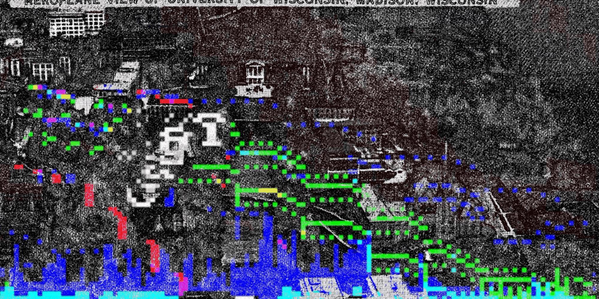 Postcard image of UW-Madison campus via Wikimedia Commons. Illustration by David Wolinsky.