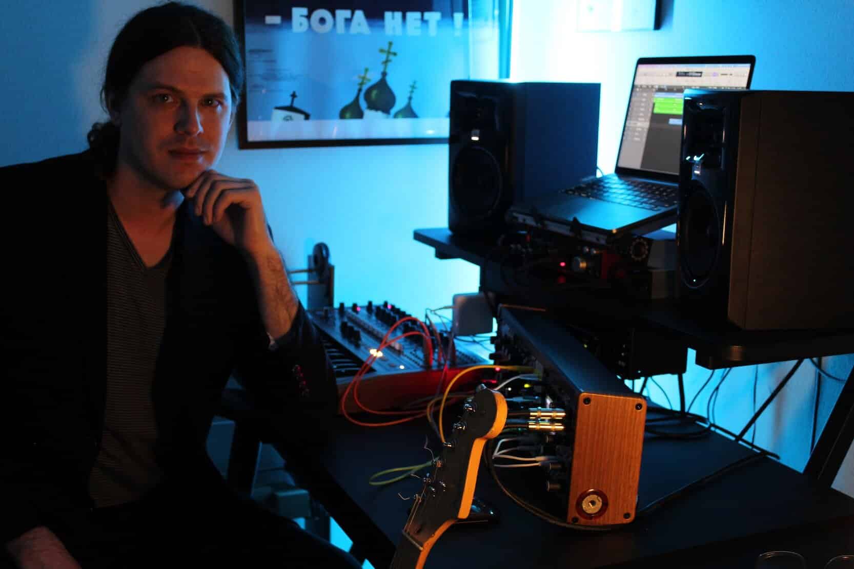 Composer Kyle Merckx in his home studio.