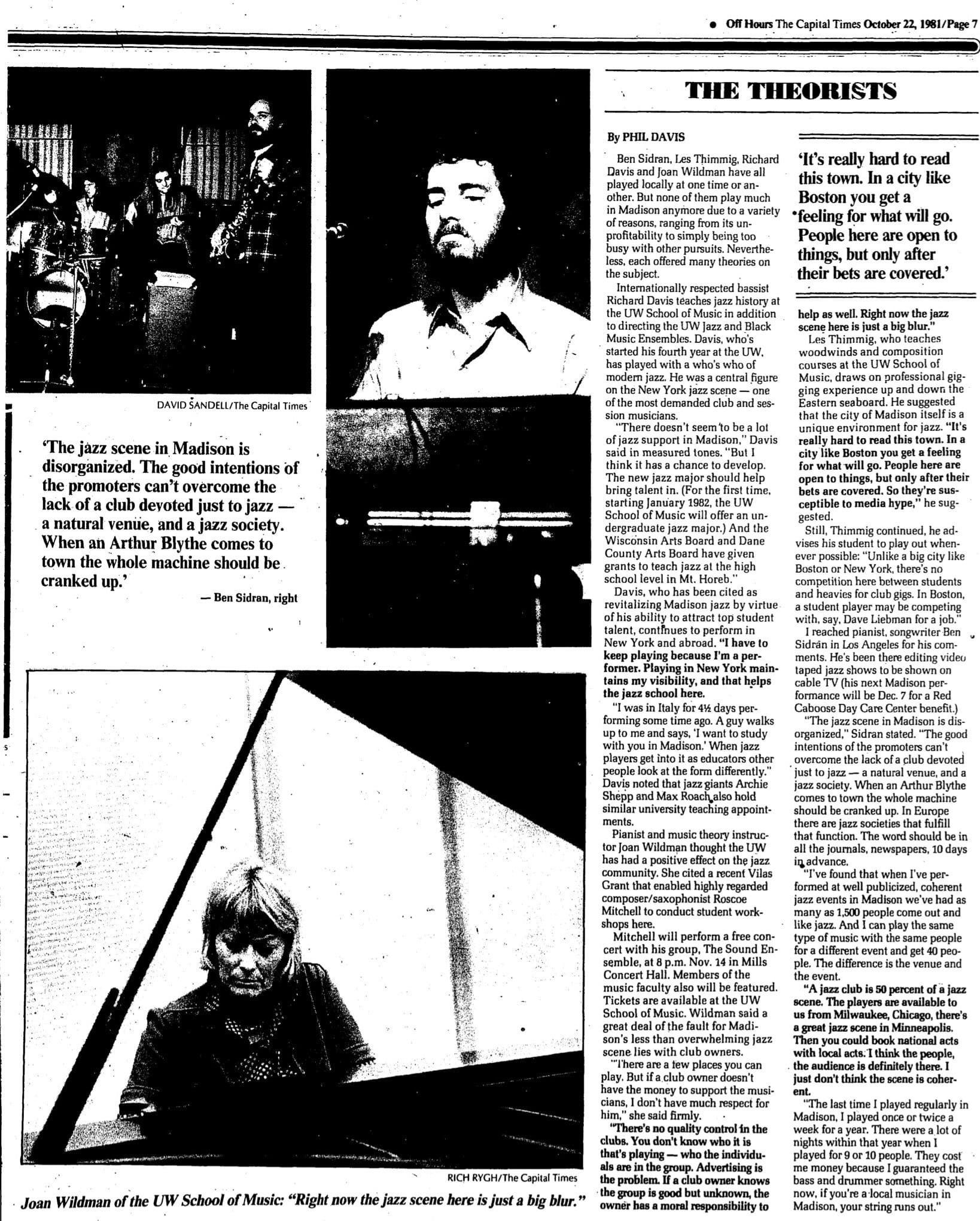 Wildman discussed the shortcomings of the Madison jazz scene in a 1981 Capital Times story. Image via newspaperarchive.com.