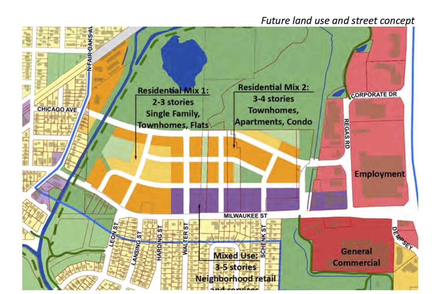 The city’s long-term plan for Milwaukee Street shows the planned Amazon site amid a mix of residential development and parkland. Image via City of Madison.