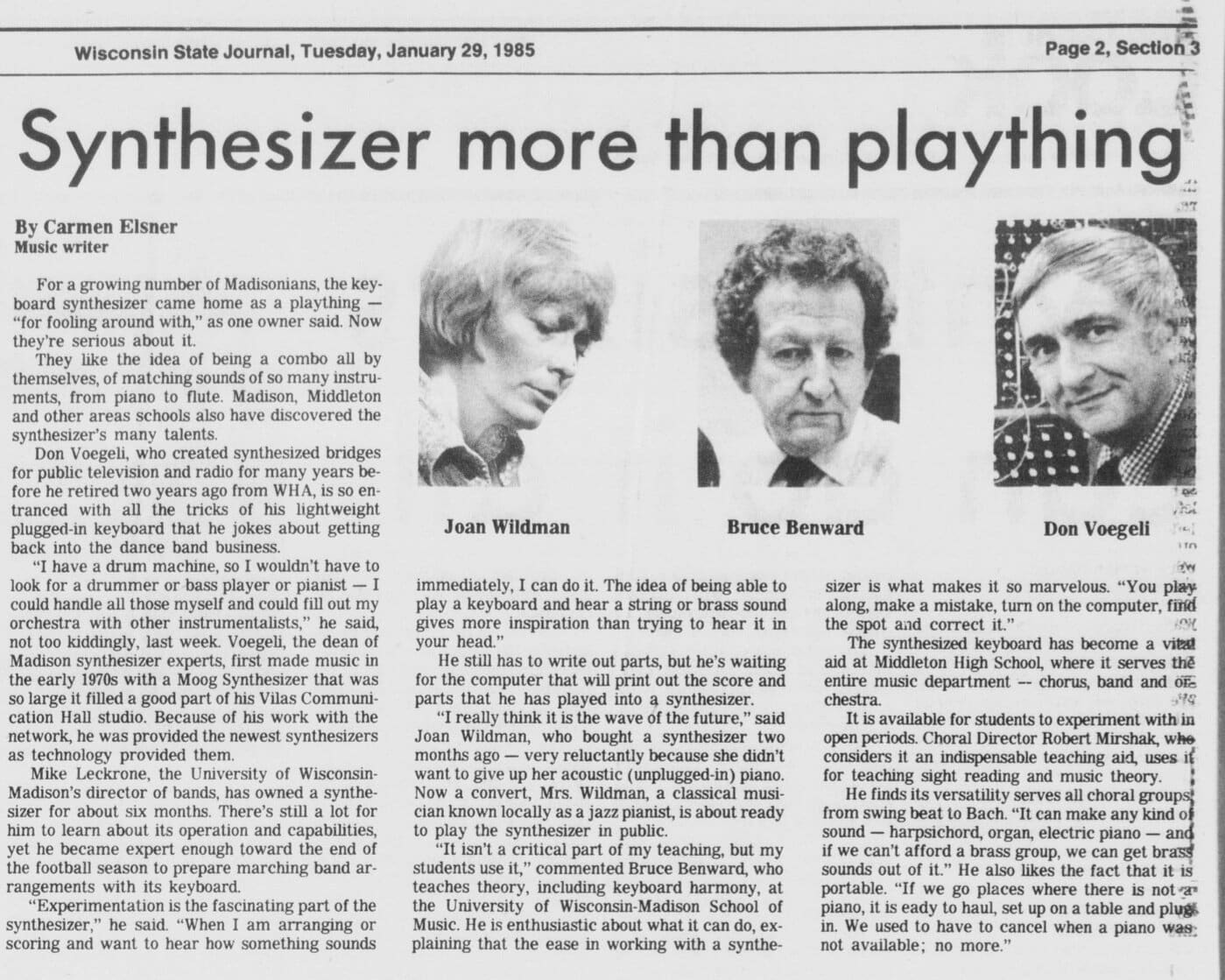 The Wisconsin State Journal cited Joan Wildman in a 1985 story about the use of synthesizers. Image via newspaperarchive.com.