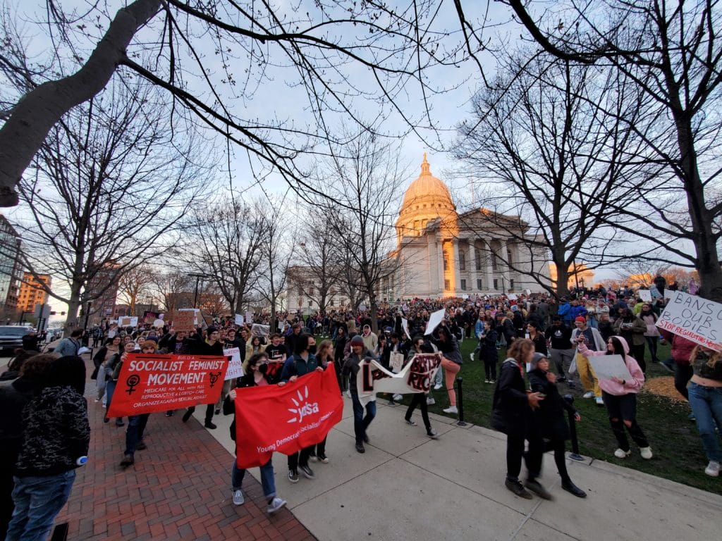 A crowd stretches across the  Capitol lawn and sidewalks in front of the state Capitol building. Groups carrying red banners that read "BUILD A SOCIALIST FEMINIST MOVEMENT" and "ydsa" march towards the camera. Photo by Emily Mills. 