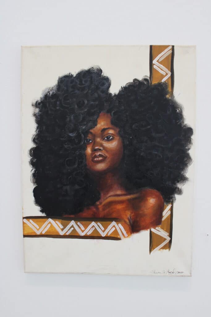 The painting "Big Hair, Don’t Touch" by Sharon L. Bjyrd shows a Black woman with natural hair, looking out from the painting at an angle.