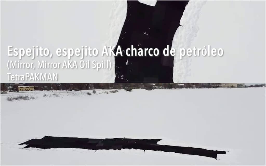 Drone shots of TetraPAKMAN's work over a frozen, snow-covered Lake Monona. "Espejito, Espejito, AKA Charco De Petróleo" was made with black synthetic fabrics to simulate an oil spill.