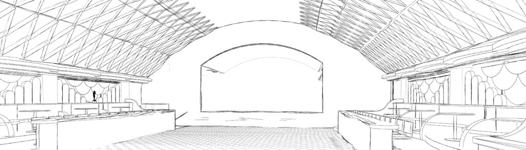 Design drawing of the planned space for the Atwood Music Hall shows raised rows of tables on either side of an open floor in front of the venue's stage.