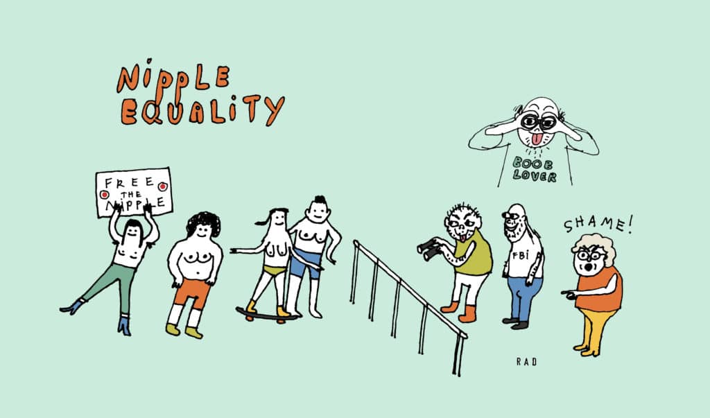 An illustration shows a group of figures holding a topless protest. Across a railing from the topless protestors are another group of figures, including a woman yelling