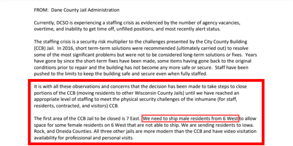 Excerpt from an August 1 stakeholder memo from the Dane County Sheriff's Office announcing a decision to close portions of the current Dane County Jail and move people incarcerated there to jails in other counties.