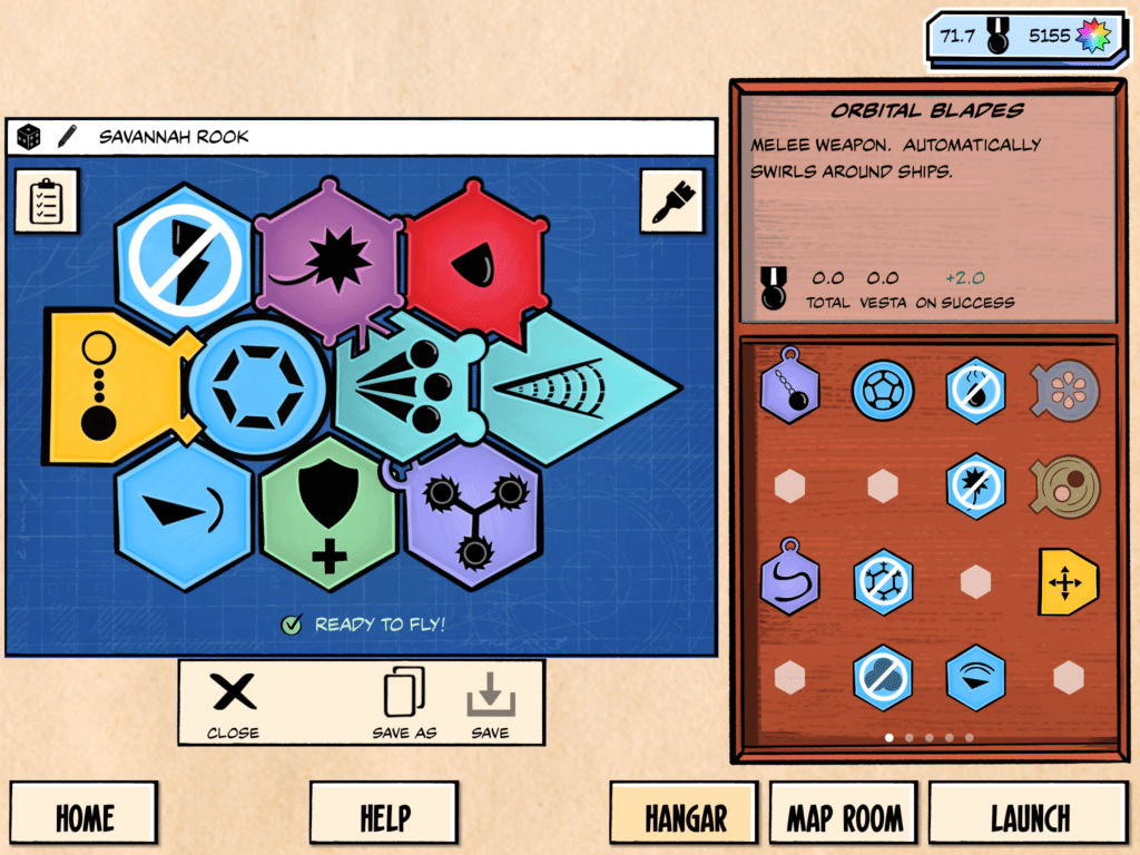 A screenshot from the video game "The Day We Fought Space" shows the screen in which the player selects weapons and other features for their spaceship. The features are represented in an interlocking array of hexagonal shapes.