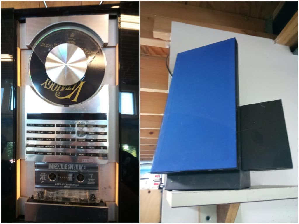 Part of the Bang & Olufsen BeoSound 4000 sound system that Lynch bought and donated to Tandem Press. On the left, a CD and cassette player (with Pearl Jam's "Vitalogy" and "No Alternative" compilation); and, on the right, one of the blue speakers. Photos by Jason Fuhrman.
