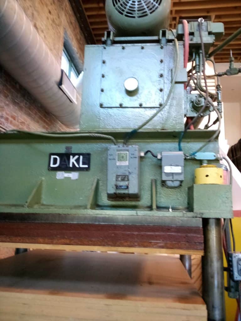 David Lynch's favorite DAKE hydraulic printing press that he rebranded with his own initials by coloring in the "A" and part of the "E" to form "DKL" (for David Keith Lynch). Photo by Jason Fuhrman.