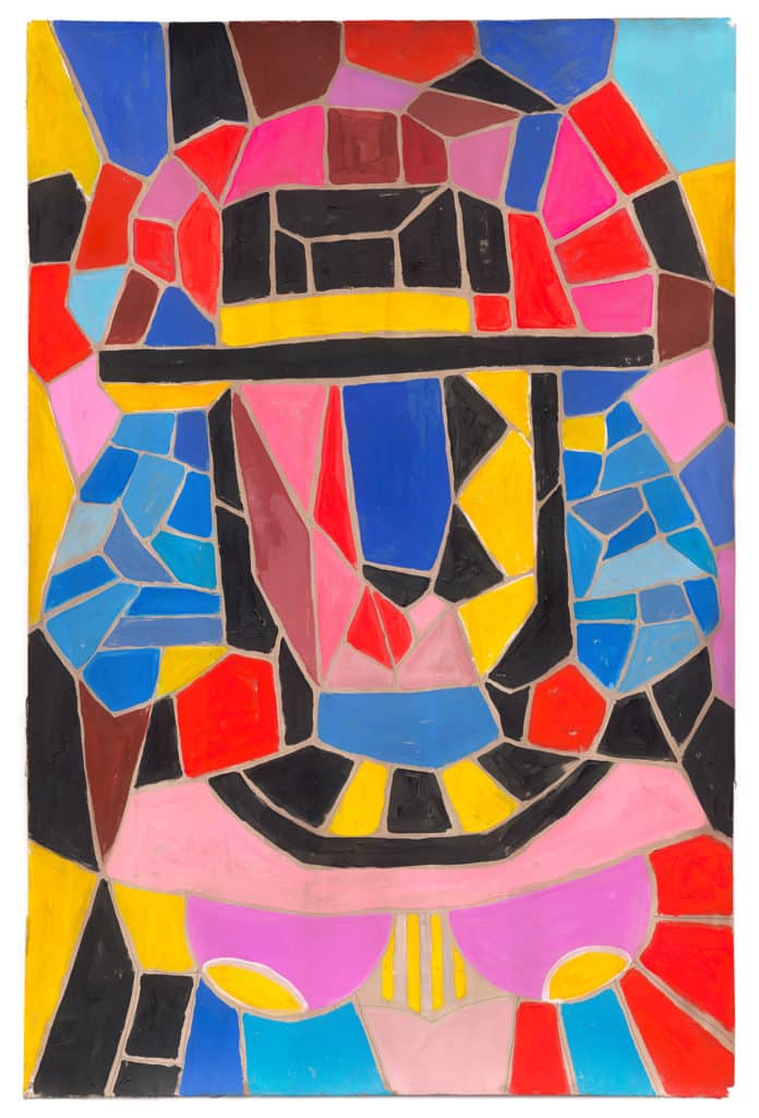 T.L. Solien, "Egyptian Quaker," 2020, is a mosaic-like painting comprised of dozens of colored fragments. The fragments suggest the shape of a human figure wearing a broad-brimmed hat.