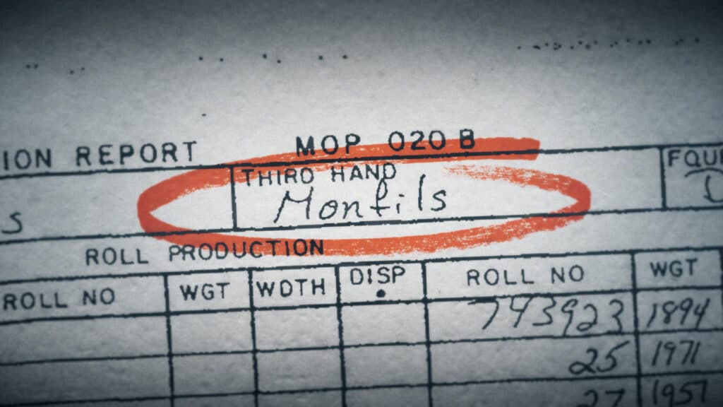 A still from the film shows a production report displaying various information in a grid format with "Third Hand: Monfils" circled in red-orange highlighter. Courtesy of Monfilm, LLC.