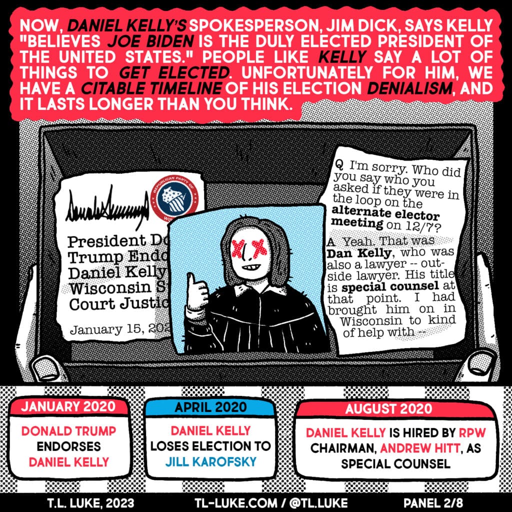 Panel 2 of "Daniel Kelly & Partisan Insurrections" comic by T.L. Luke. This one covers 2020.