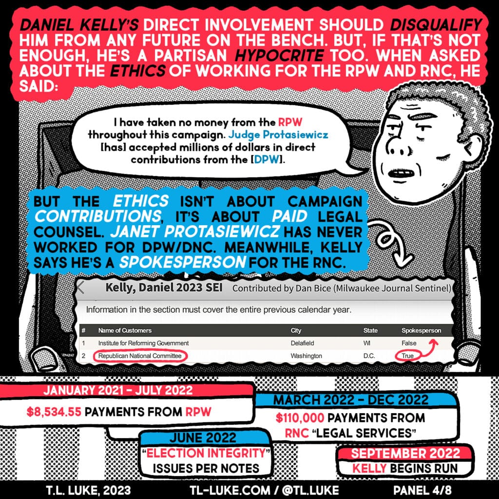 Panel 4 of "Daniel Kelly & Partisan Insurrections" comic by T.L. Luke. This one follows Kelly's legal payments from the RNC and RPW 2021-2022.