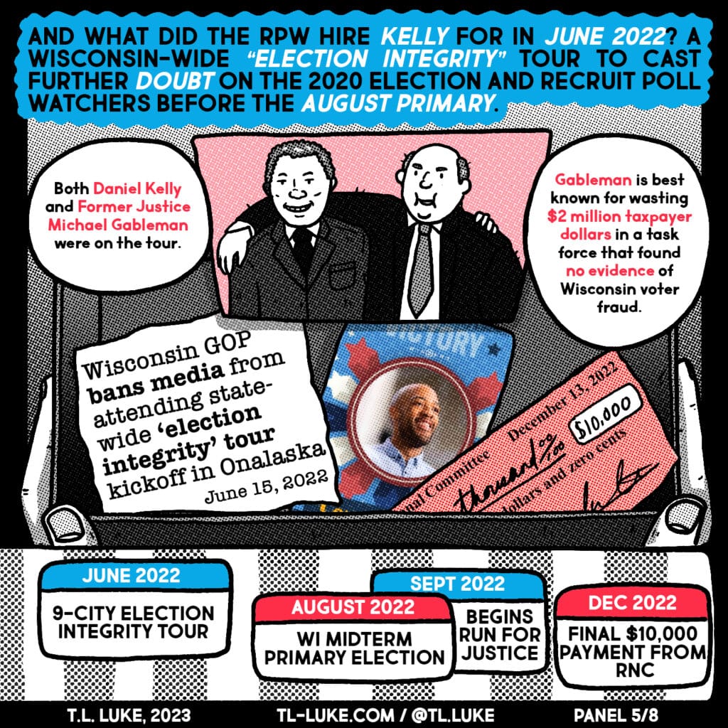 Panel 5 of "Daniel Kelly & Partisan Insurrections" comic by T.L. Luke. This one is about the 2022 election integrity tour.