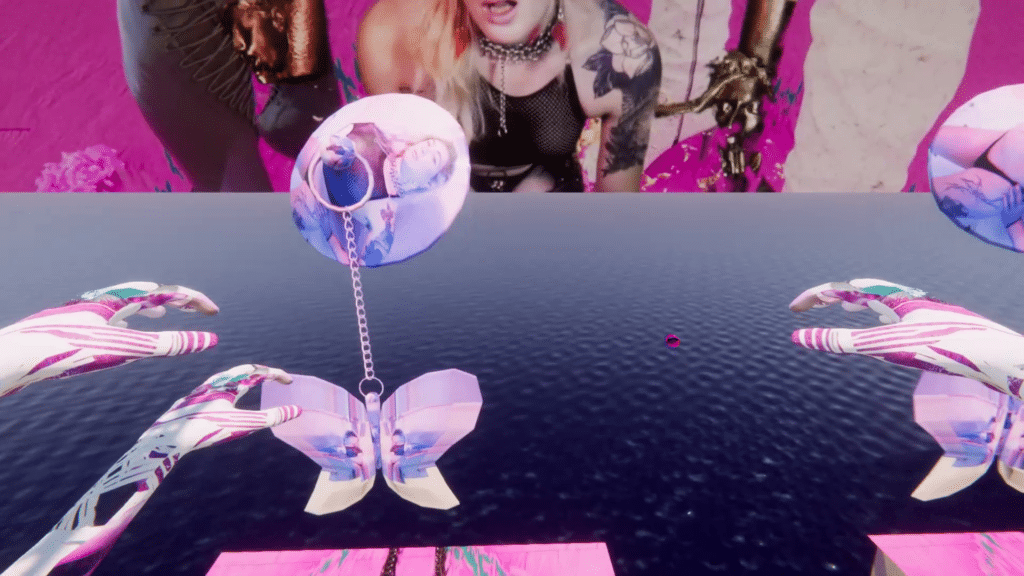 A screenshot of the game's second level shows the Ava_Angel character jumping across a platform with three arms amidst tokens, fetish objects, and portraits of Wanbli imprinted onto them, including a domme-centric background.