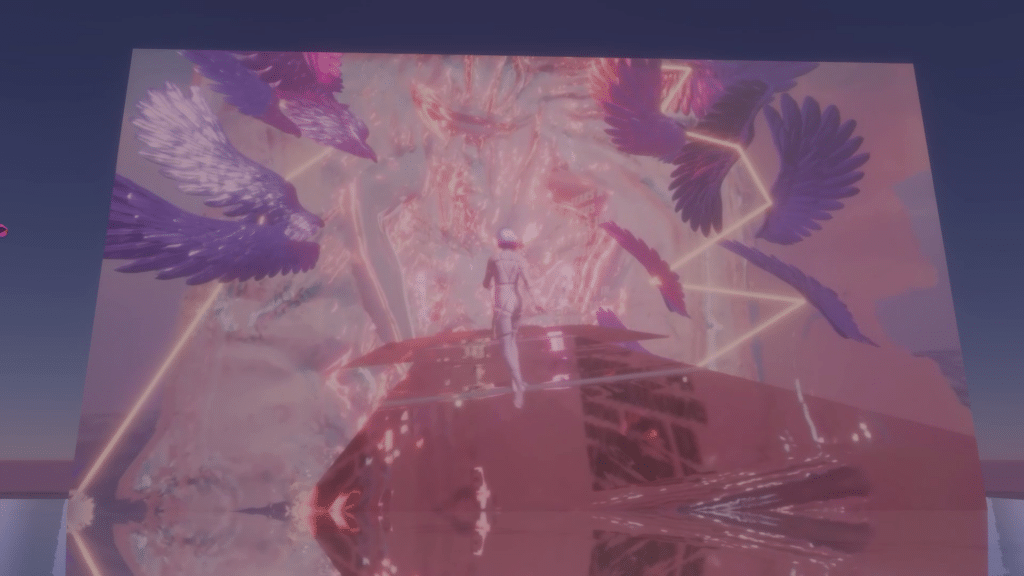 A screenshot from the game's final level shows a video screen of a 3D model walking down a silvery runway towards another model as many lavender wings and rays of gold light beam down.