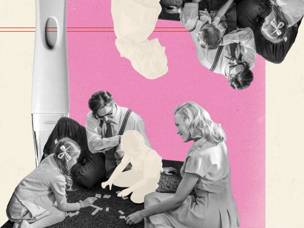 A graphic shows a photo of a mid-century family with one child whited out and an inverse version of that family, upside-down, with the mother whited out, illustrating how, after the Dobbs decision, families must choose whether the risk of pregnancy complications is worth having children.