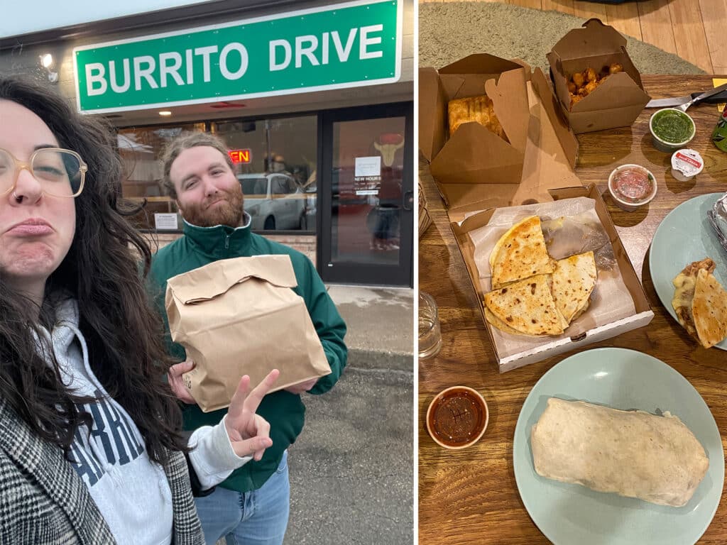 Two photos are shown side-by-side. On the left side, author Andrew Hanson poses with friend Hayley Sperling in the parking lot in front of Burrito Drive, holding a paper bag full of food, and both wear exaggerated frowns. On the right, an overhead photo of a table shows burritos, tater tots, quesadillas, and small containers of salsa spread out for a meal.