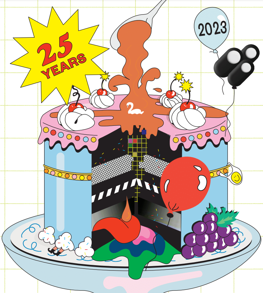 The film festival guide's cover art by Christina King shows a wildly decadent (and filmic easter egg-stuffed) birthday cake to commemorate the festival's 25th year.