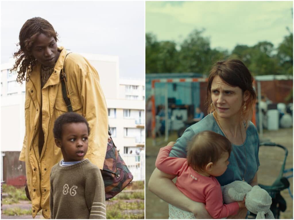 A simple image collage of two Young French Cinema selections at this year's Wisconsin Film Festival. On the left, Rose (Annabelle Lengronne) and her young son Ernest (Milan Doucansi) walk through the low-income banlieue district on the outskirts of Paris in "Mother And Son." On the right, Mériem (Judith Chemla) holds one of her five children on the vacant lot where they live in a mobile home on the outskirts of Paris in "The Sixth Child."