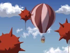 This illustration shows a man in a hot air balloon floating through a blue sky with fluffy clouds. But floating along with him are COVID-reminiscent mines. One is poking and could puncture the balloon.