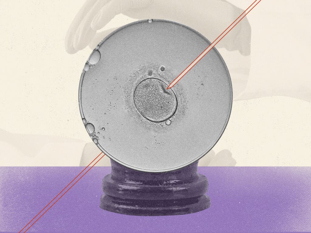 The graphic shows a faint hand looming over a crystal ball with a microscope slide of an egg, expressing the unpredictability of fertility treatment post-Roe v. Wade being overturned.