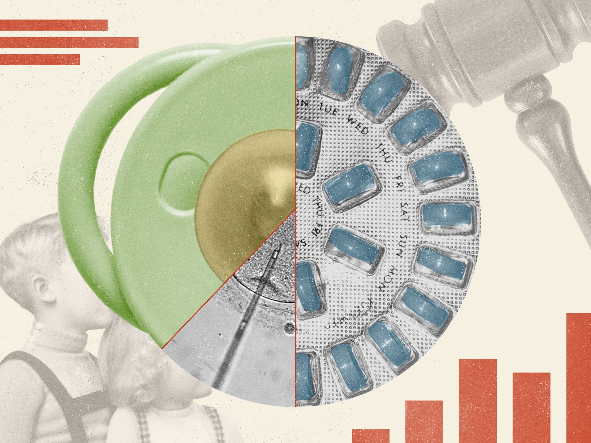 This illustration is a collage of images of birth control, an IVF needle penetrating an egg, mid-century children, and a judge's gavel to symbolize the topics that will be covered in this series.