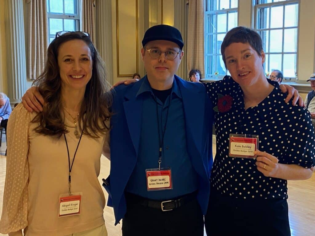 A photo of 2023’s three Golden Badger Jurors (L to R: Abigail Kruger, Grant Phipps, and Kate Balsley) taken during the Wisconsin Film Festival's Opening Night Reception on April 13. Photo courtesy of Wisconsin Film Festival.