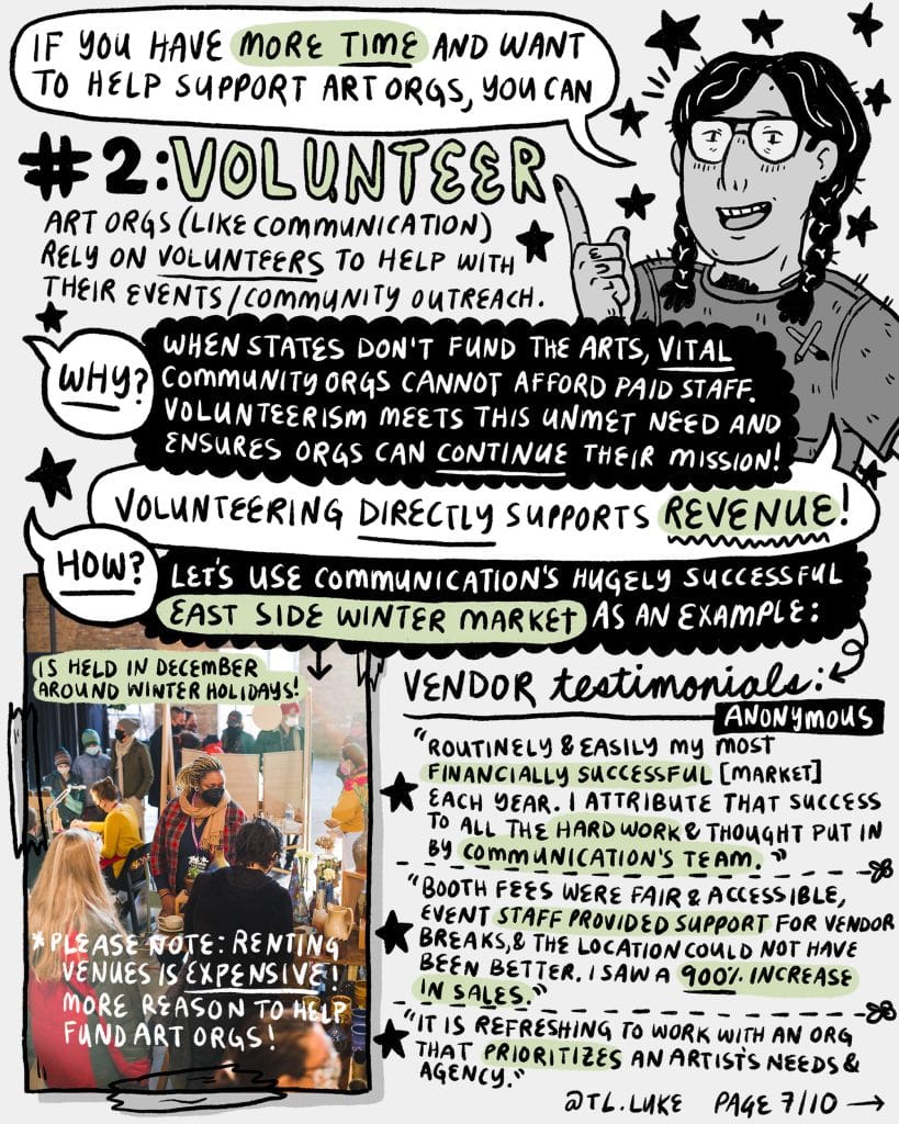 On the right is an illustration of the artist, (white person, black braided pigtails, black rimmed glasses, gray t-shirt with a pencil and paintbrush design on the pocket, and little peaks of tattoos by the collar and on their fingers) a word bubble coming out of her mouth says, “If you have more time and want to help support art orgs, you can,” followed by header, “#2: Volunteer.” “Art orgs (like Communication) rely on volunteers to help with their events / community outreach.” Word bubble, “Why?” Blank bubble reads, “When states don’t fund the arts, vital community orgs cannot afford paid staff. Volunteerism meets this unmet need and ensures orgs can continue their mission!” Word bubble from the artist again, “Volunteering directly supports Revenue!” Word bubble, “How?” Black bubble reads, “Let’s use Communication’s hugely successful East Side Winter Market as an example:” Beneath to the left is is a photo from Communication’s East Side Winter Market with labels over it that say, “is held in December around winter holidays!” and “* Please Note: Renting venues is expensive! More reason to help fund art orgs!” To the right it reads, “Vendor testimonials (anonymous):” followed by three testimonials separated by illustrated ‘cut here’ lines. Top to bottom, the quotes read, “Routinely & easily my most financially successful [market] each year. I attribute that success to all the hard work & thought put in by Communication’s team.”, “Booth fees were fair & accessible, event staff provided support for vendor breaks, & the location could not have been better. I saw a 900% increase in sales.”, and “It is refreshing to work with an org that prioritizes an artist’s needs & agency.” Bottom right, “Page 7/10.”