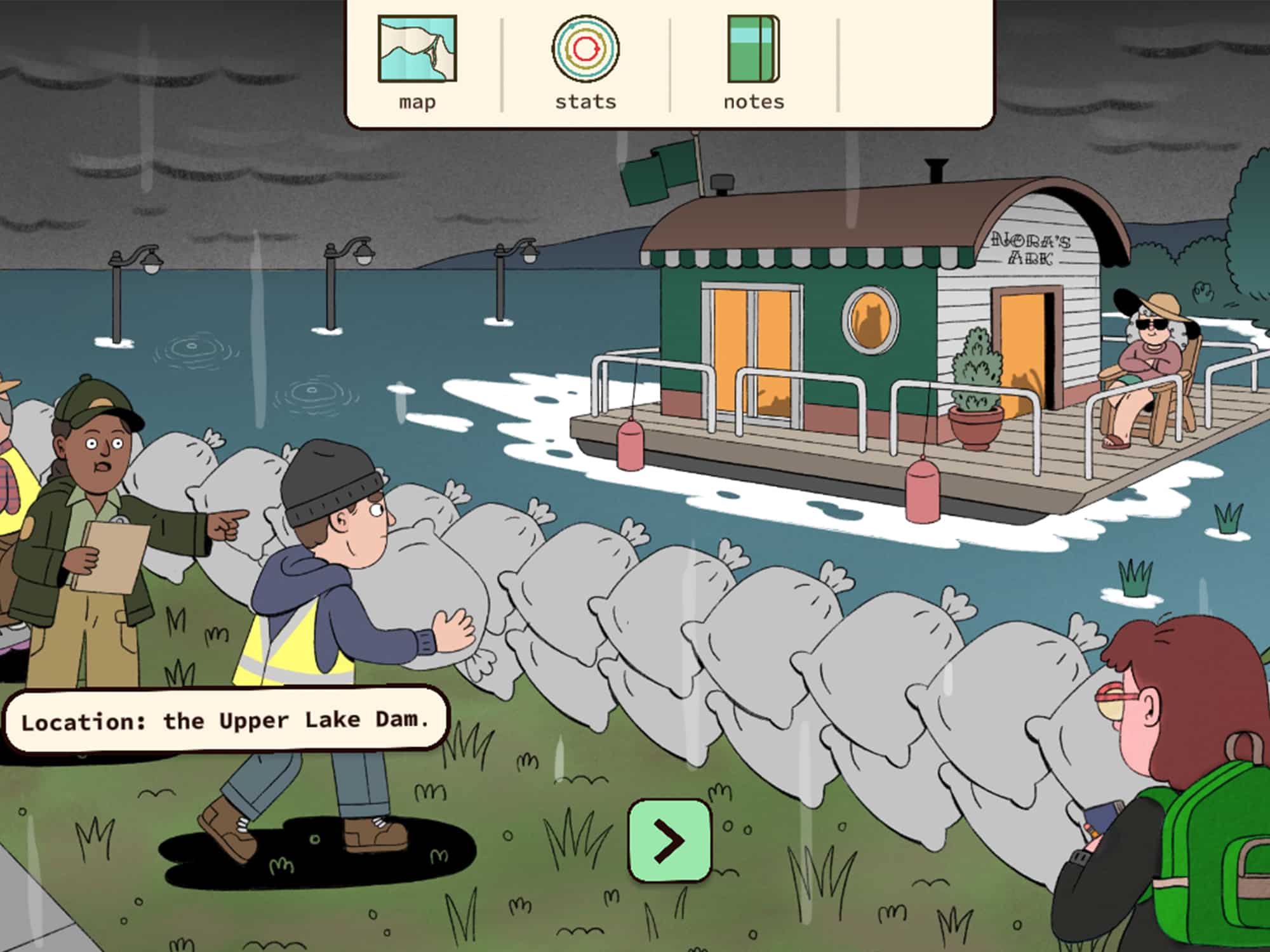 In a screenshot from the game “Headlines And High Water,” reporter El Benjamin arrives on the scene where officials and volunteers are sandbagging the Upper Lake Dam in the rain.