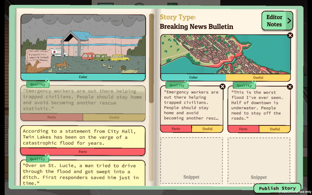 On the left side of the “notebook” are all the images and story segments El has collected. On the right, blocks where players have to fill in which segments they want to use for the final story. 