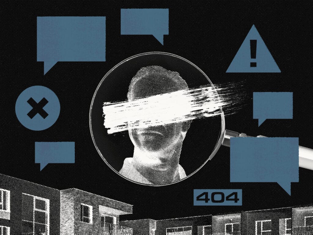 An illustration shows a man’s face with a streak across his eyes, an apartment building visible in the background, and various icons associated with a website that is out of service.
