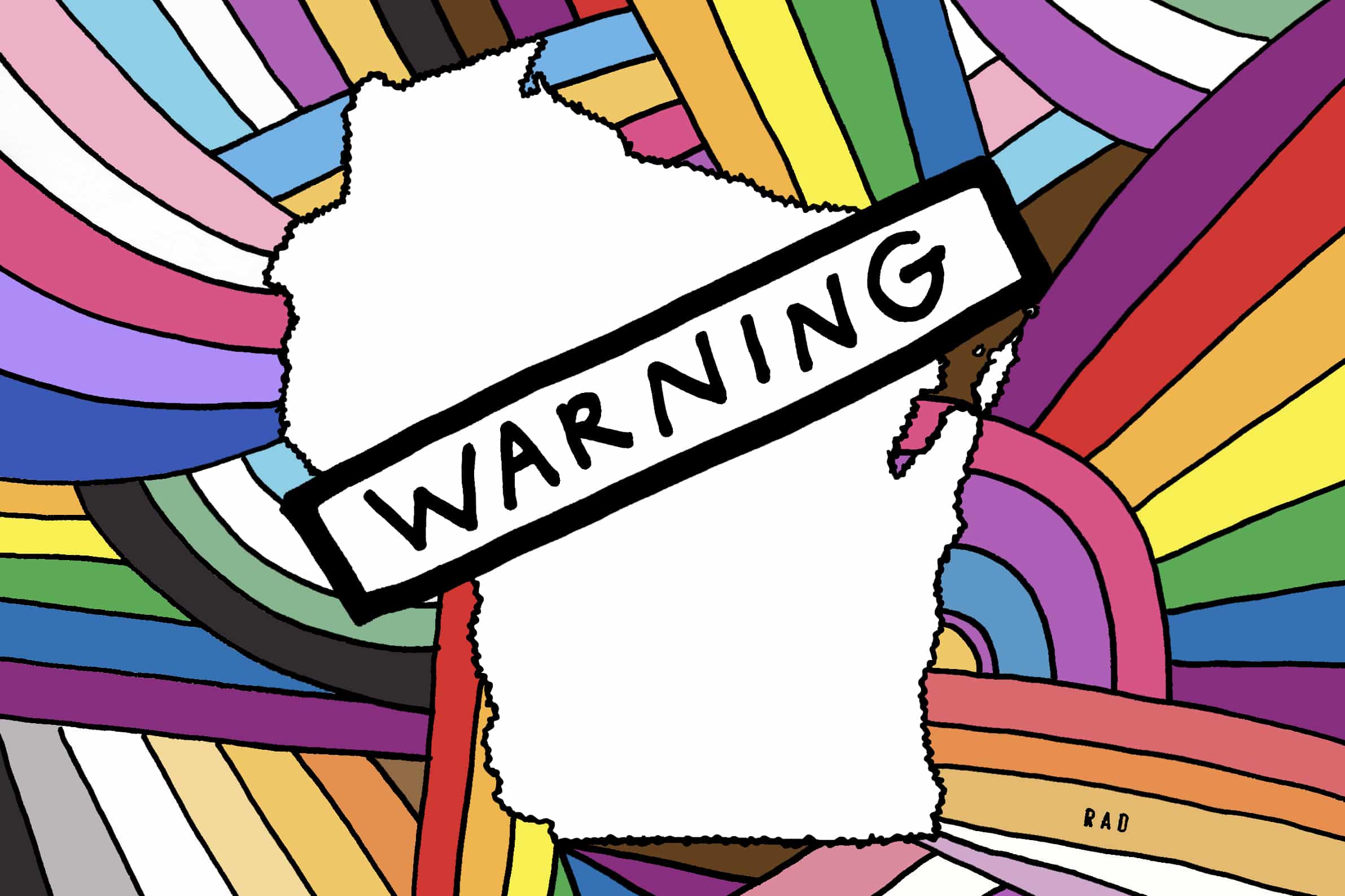 In this graphic, the state of Wisconsin has the word "Warning" stamped over it with different Pride flag color combinations swirling in the background.