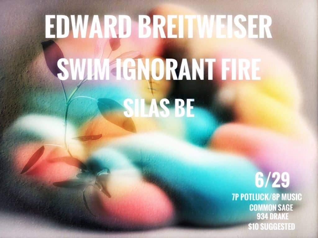 A modified handbill by Tim Russell displays the three performing artists' names centered in bold white text. They're overlaid on a silhouette of a sprig of sage with pillowy pastel-colored shapes underneath. Relevant show information appears in smaller white text in the bottom right corner.