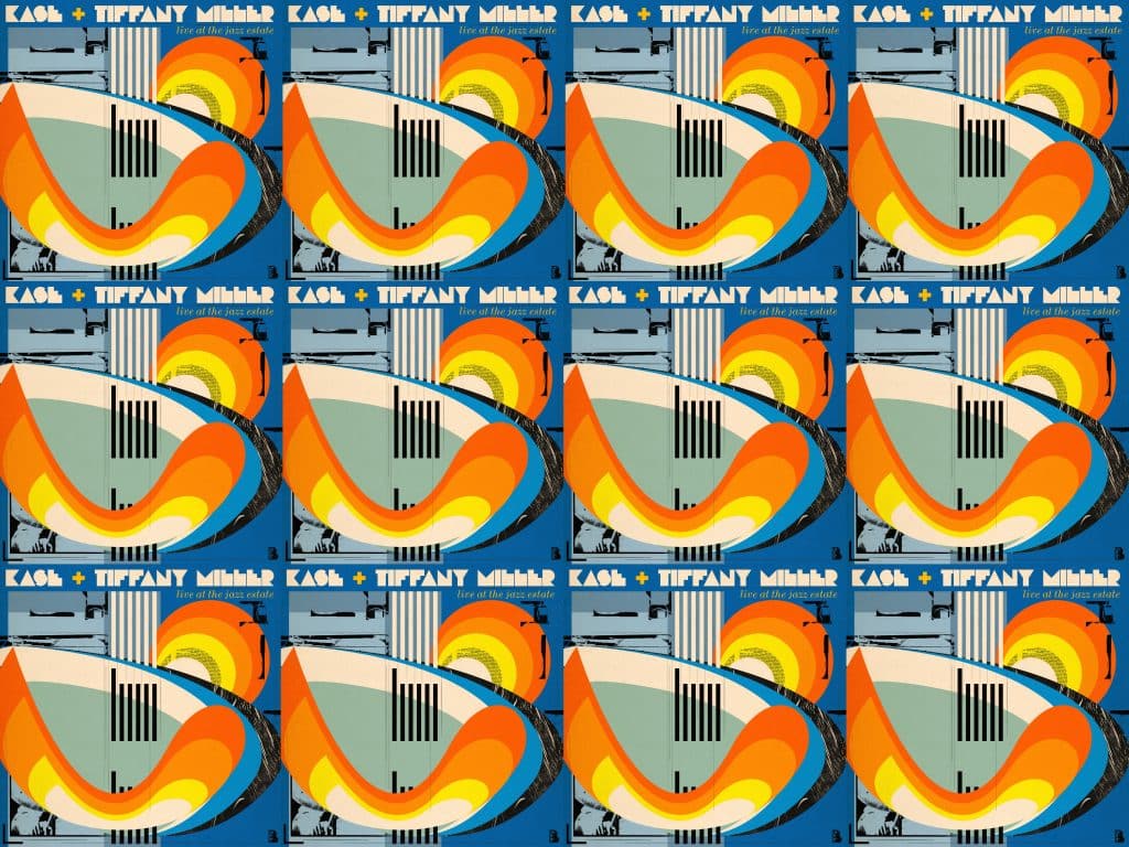 The album art for "Live At The Jazz Estate" is layered in a 4 by 3 grid. The art is a modern impressionist in nature, dominated by blues and sunburst orange-yellow swirls, with a section in the middle that evokes the fretboard of a guitar. 