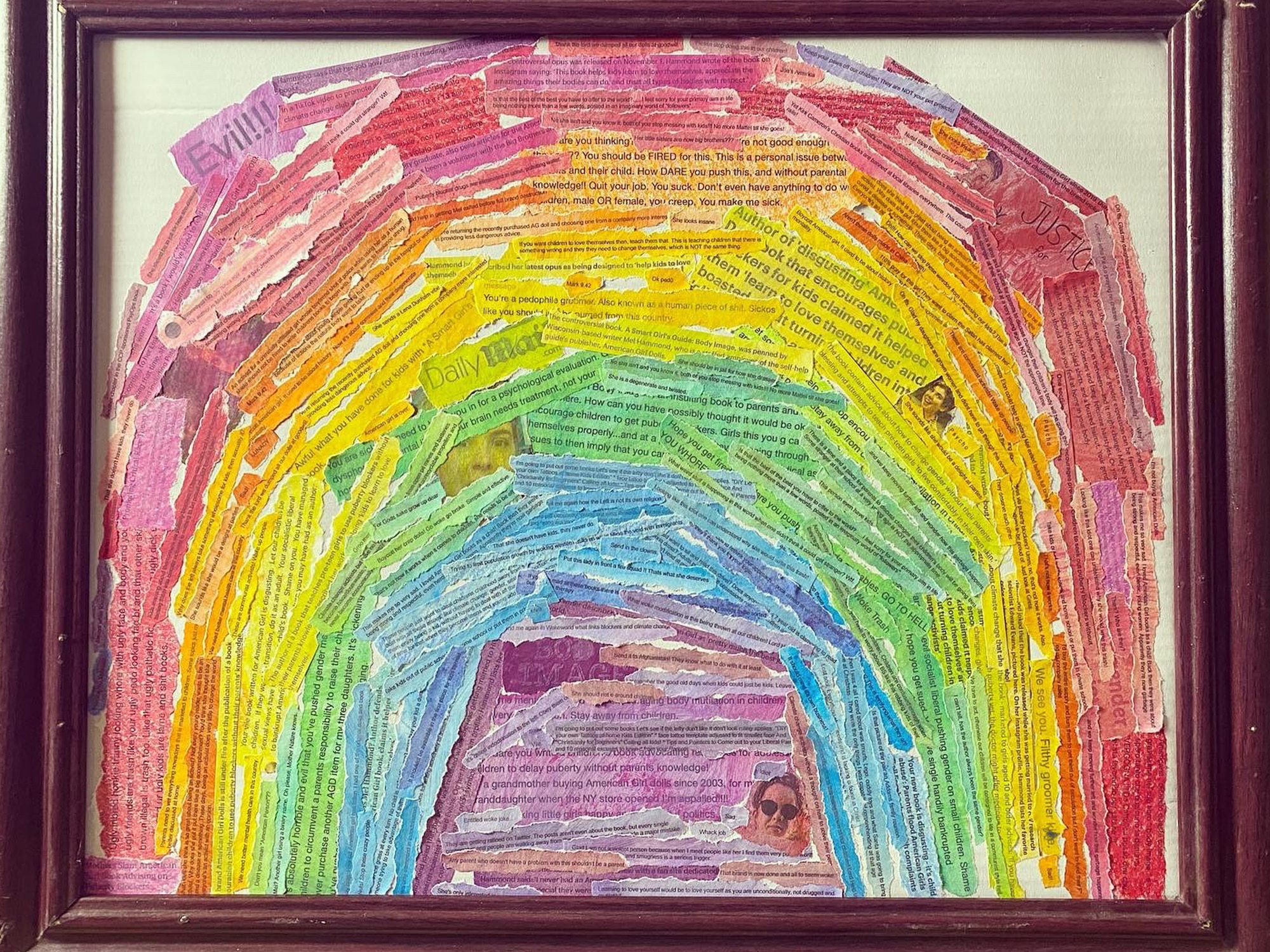 Photo: Author Mel Hammond cut out and colored the hate mail and bad press she received for her trans-friendly book A Smart Girl’s Guide: Body Image and used it to make a rainbow collage.