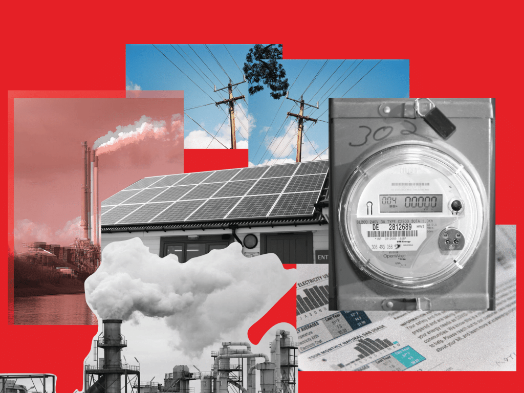 Collage showing power lines, electricity meters, solar panels, and clouds of pollutants spewing from smoke stacks.