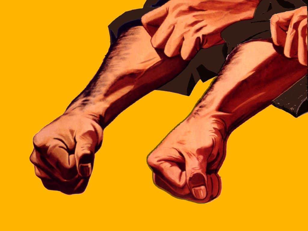 Illustration shows a WWII-era drawing of muscled arms rolling up brown sleeves on top of a yellow background.
